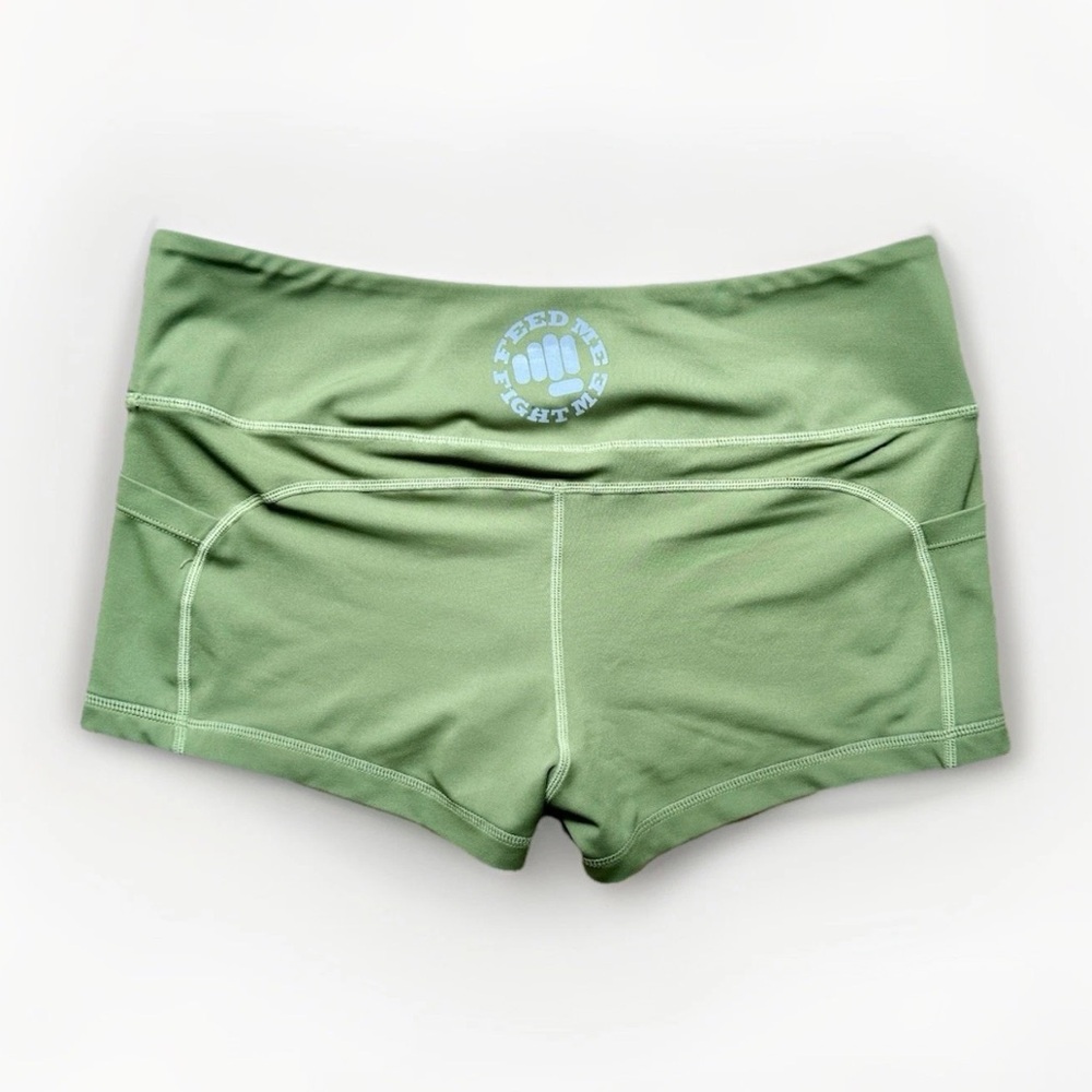 Feed Me Fight Me Fitness Weightlifting Booty Shorts Army Green 3” Inseam Gym